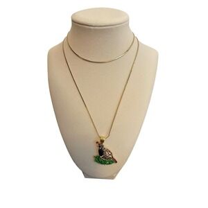 Vintage Enamel Quail Bird Pendant Necklace Gold Tone Snake Chain 24 Inch